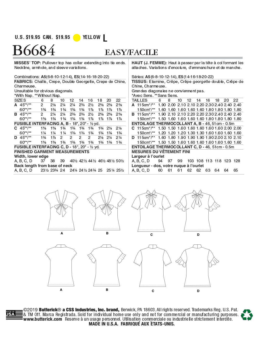 Butterick Sewing Pattern B6684 Misses' Top