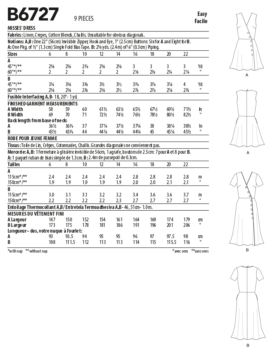 Butterick Sewing Pattern B6727 Misses' Dresses