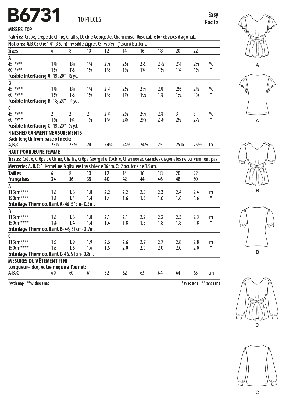 Butterick Sewing Pattern B6731 Misses' Top