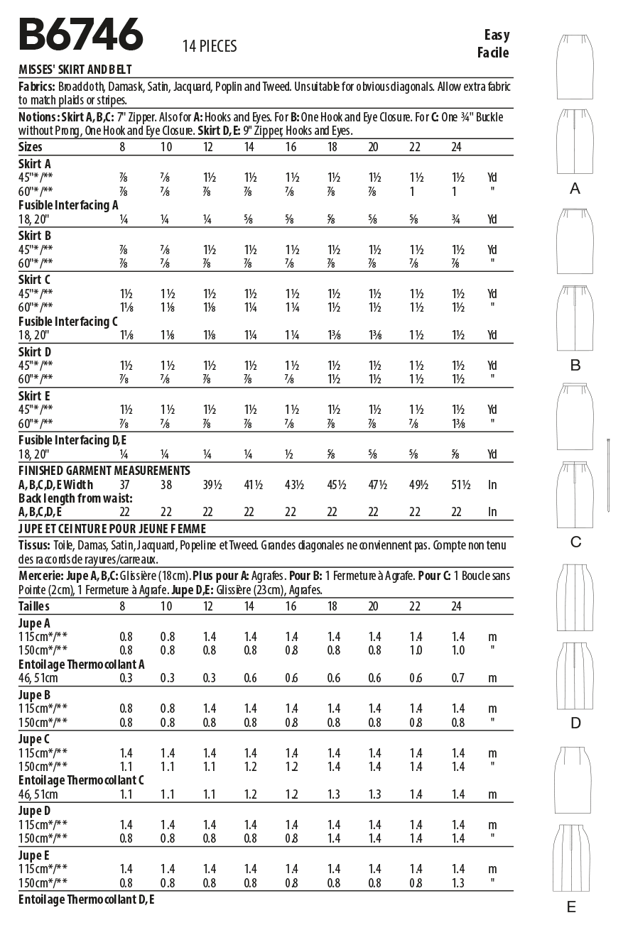 Butterick Sewing Pattern B6746 Misses' Straight Skirts and Belt