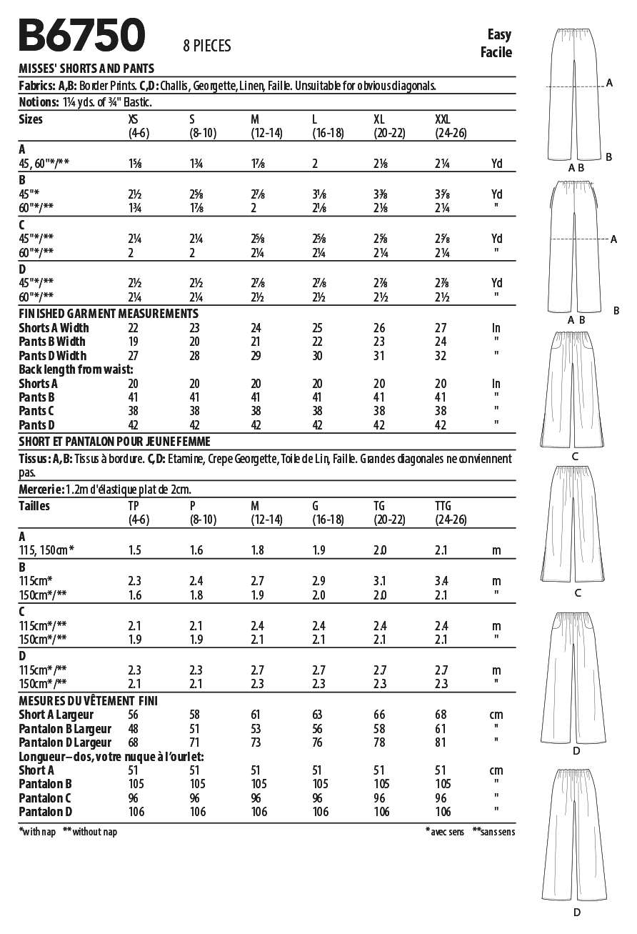 Butterick Sewing Pattern B6750 Misses' Elasticated-Waist Shorts and Trousers