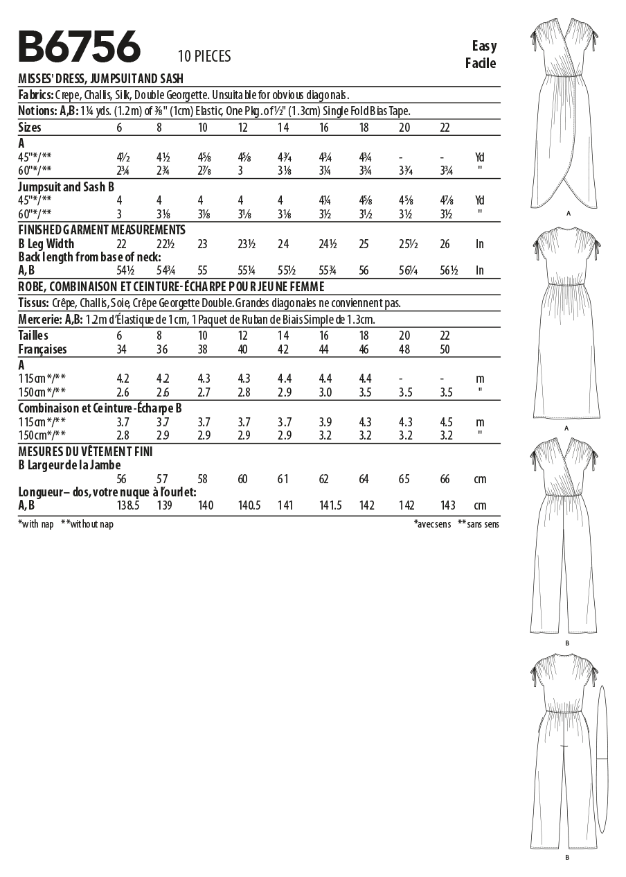 Butterick Sewing Pattern B6756 Misses' Dress, Jumpsuit and Sash
