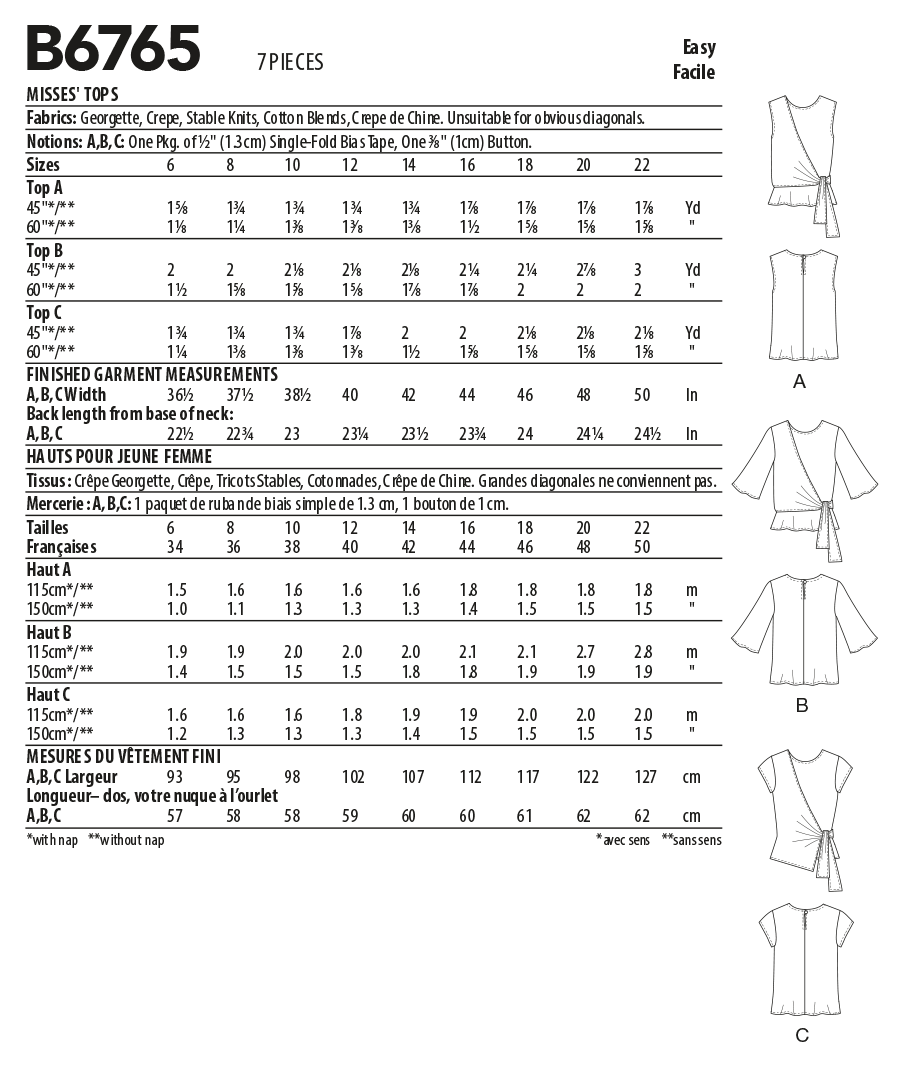 Butterick Sewing Pattern B6765 Misses' Tops