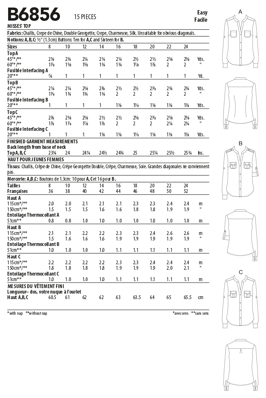 Butterick Sewing Pattern B6856 Misses' Shirt Palmer/Pletsch