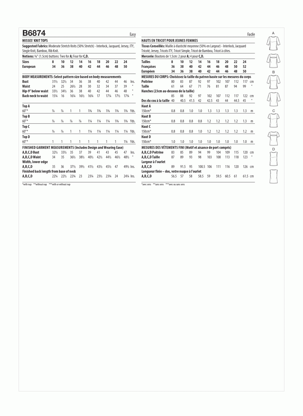 Butterick Sewing Pattern B6874 Misses' Knit Tops