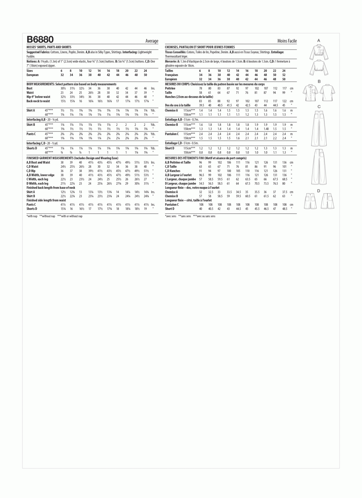 Butterick Sewing Pattern B6880 Misses' Shirts, Trousers and Shorts