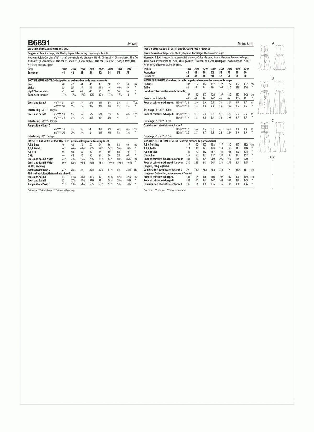 Butterick Sewing Pattern B6891 Women's Dress, Jumpsuit and Sash