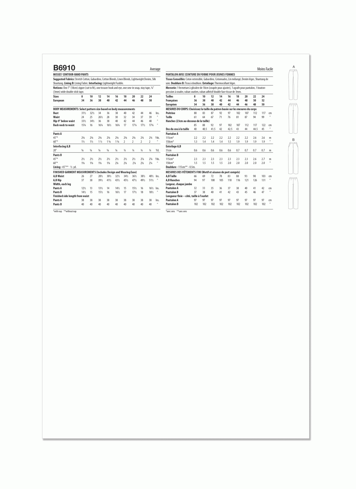 Butterick Sewing Pattern B6910 Misses' Contour Band Pants by Palmer/Pletsch