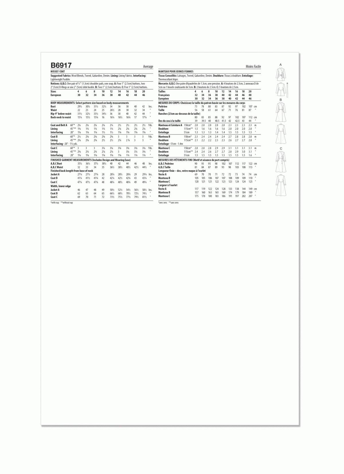 Butterick Sewing Pattern B6917 Misses' Coat