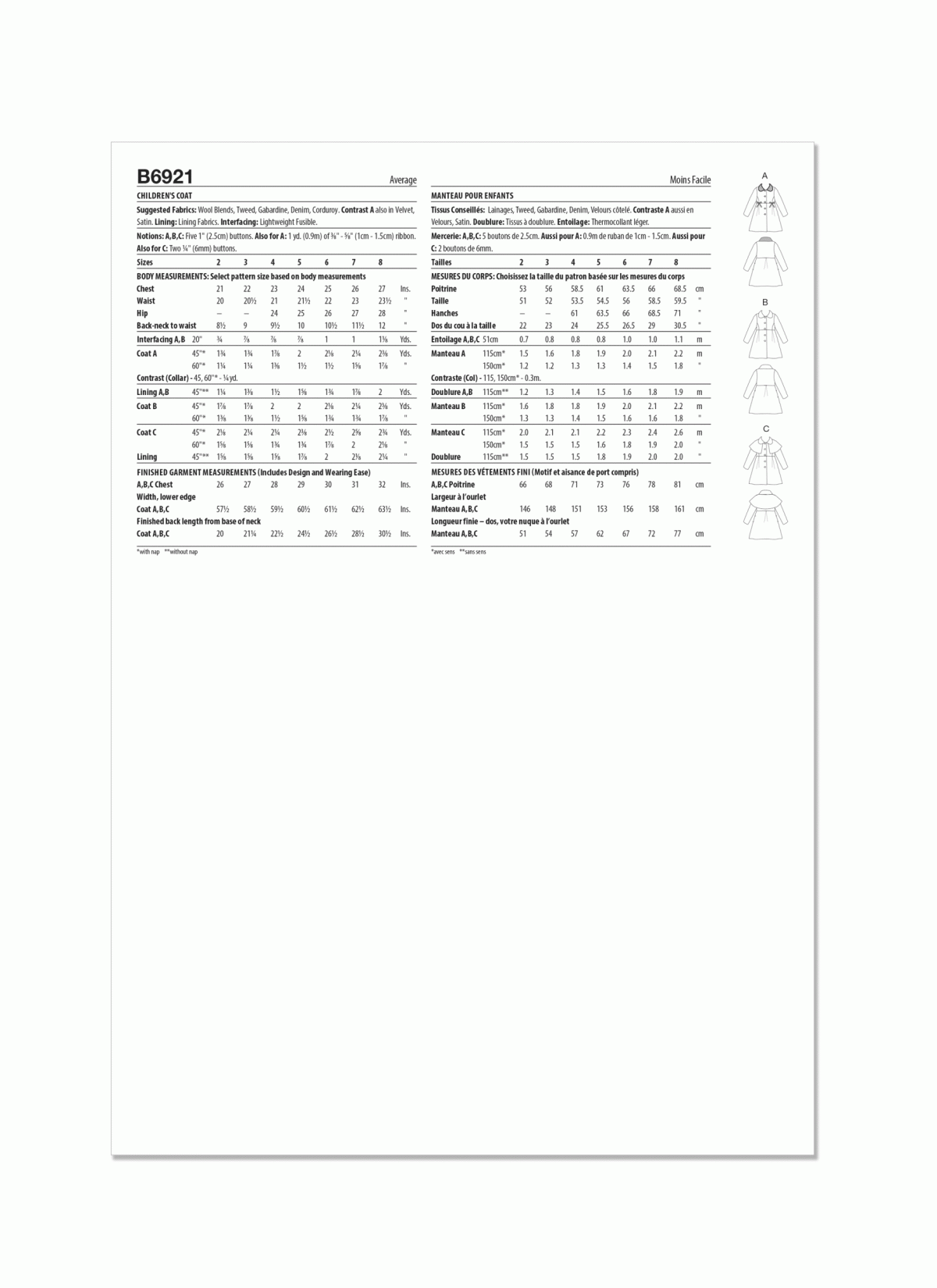 Butterick Sewing Pattern B6921 Children's Coat