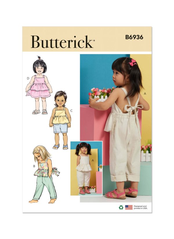 Butterick Sewing Pattern B6936 Toddlers' Overalls and Dress