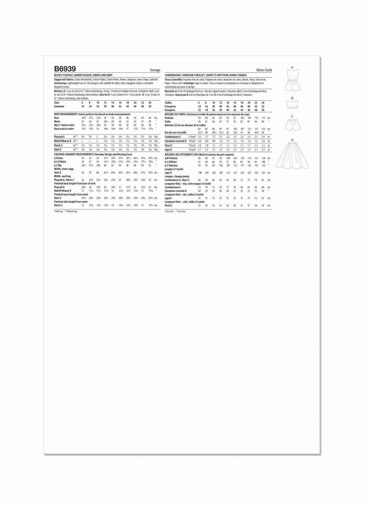 Butterick Sewing Pattern B6939 Misses' Playsuit, Midriff Blouse, Shorts and Skirt