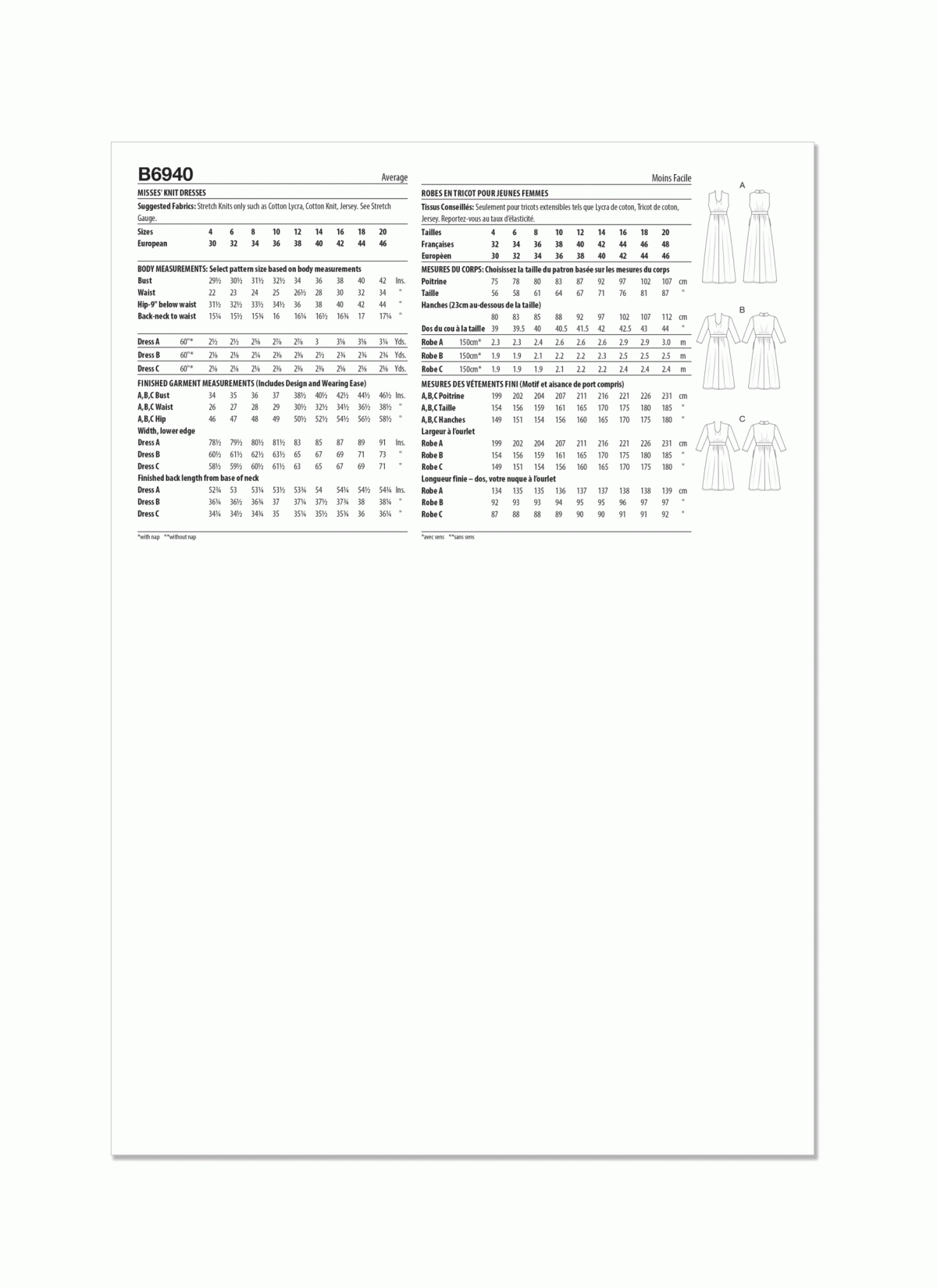 Butterick Sewing Pattern B6940 Misses' Knit Dresses by Palmer/Pletsch