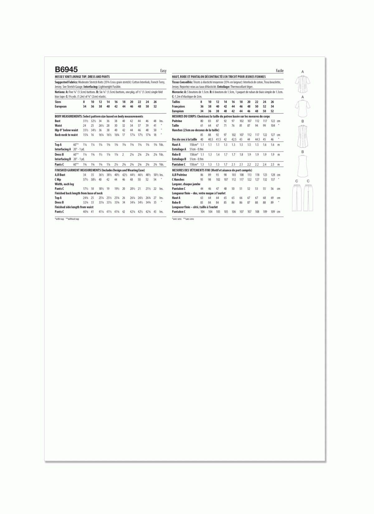 Butterick Sewing Pattern B6945 Misses' Knit Lounge Top, Dress and Trousers