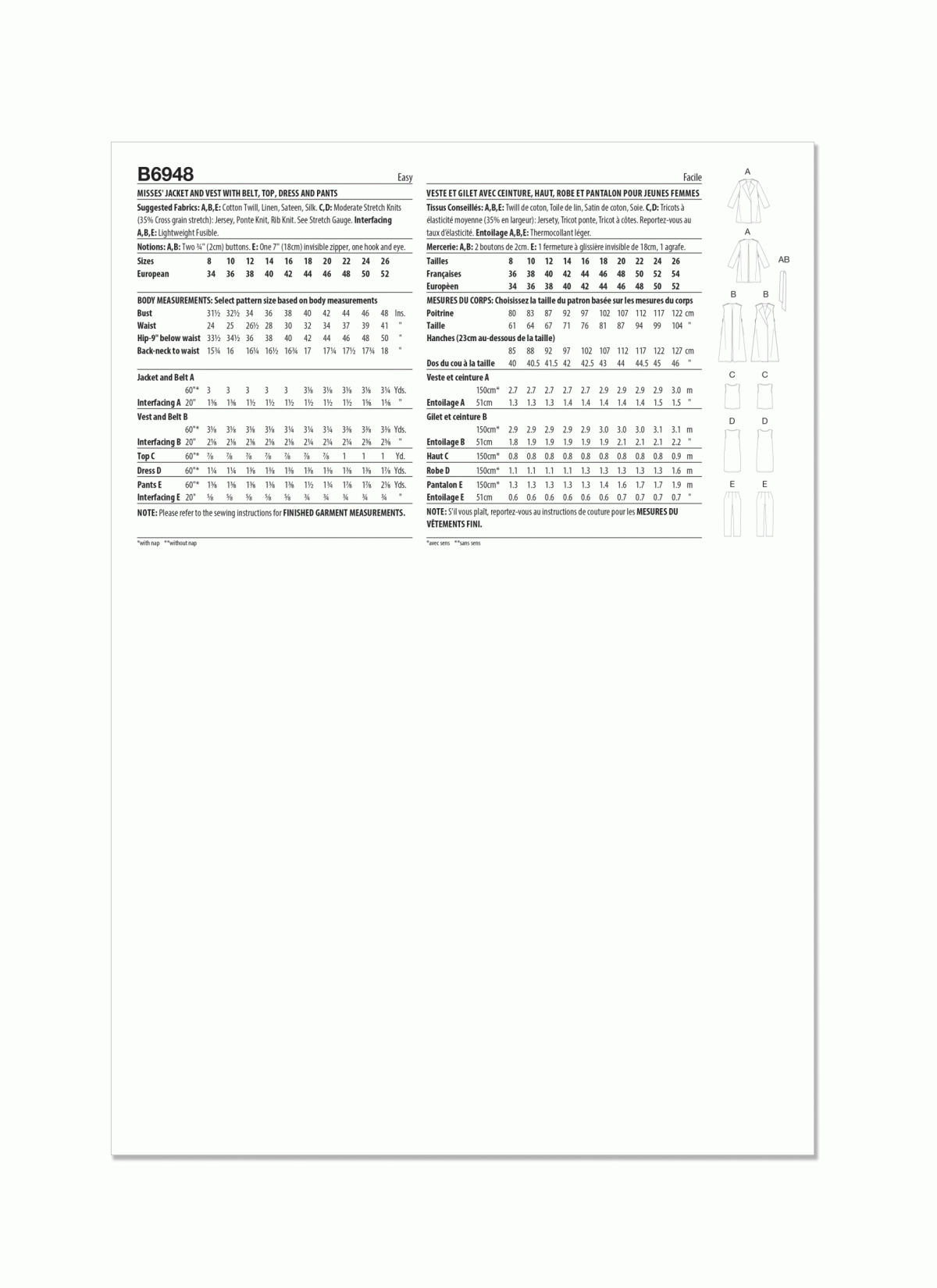 Butterick Sewing Pattern B6948 Misses' Jacket and Waistcoat with Belt, Top, Dress and Trousers