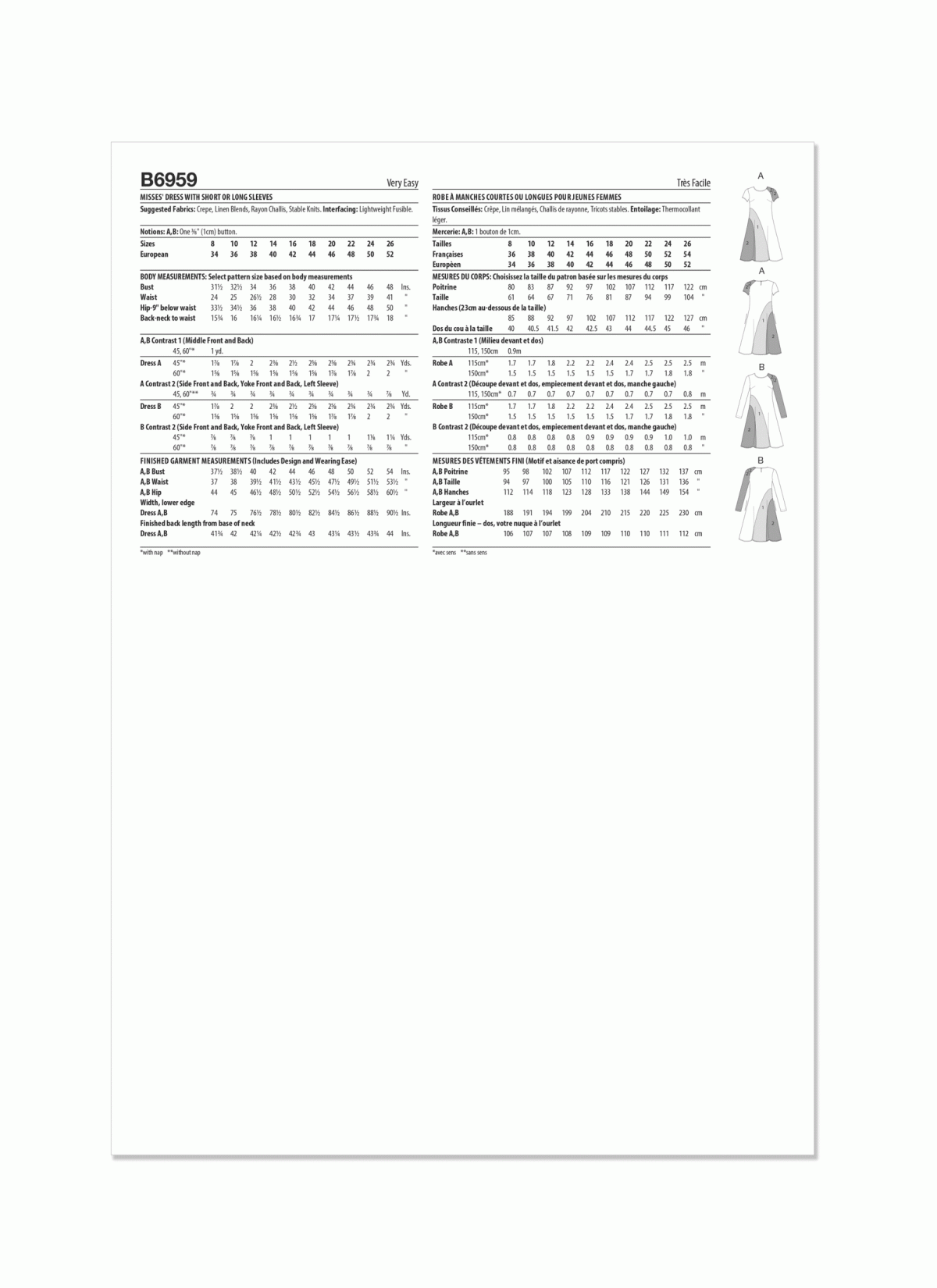 Butterick Sewing Pattern B6959 Misses' Dress with Short and Long Sleeves