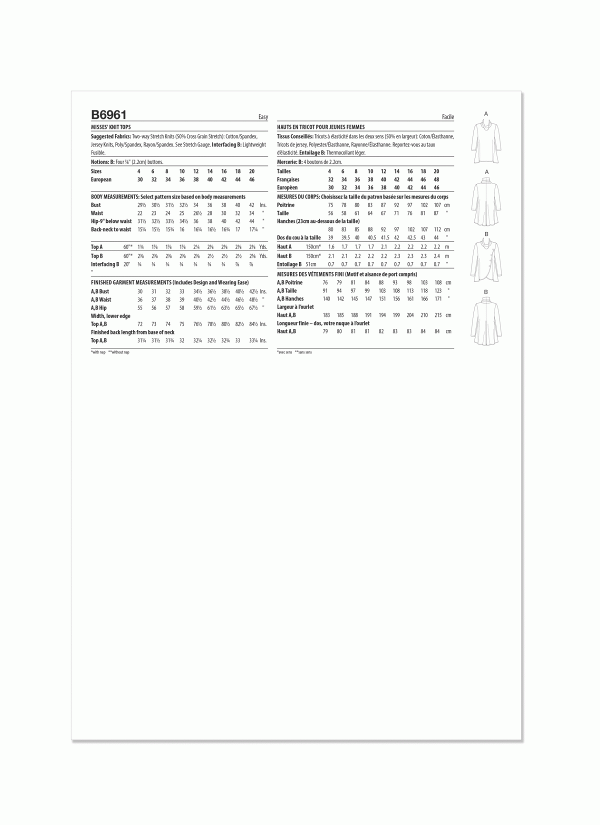 Butterick Sewing Pattern B6961 Misses' Knit Tops