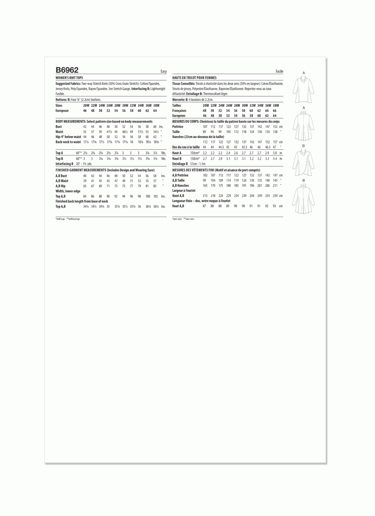 Butterick Sewing Pattern B6962 Women's Knit Tops