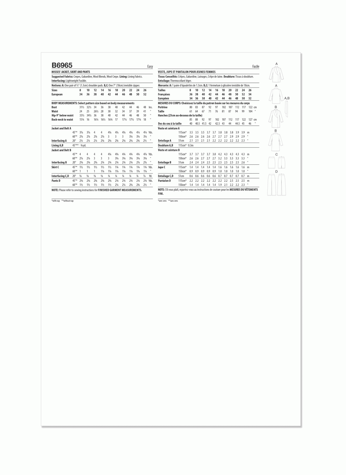 Butterick Sewing Pattern B6965 Misses' Jacket, Skirt and Trousers