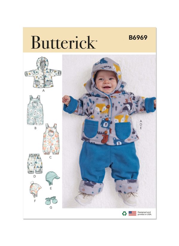 Butterick Sewing Pattern B6969 Infants' Jacket, Overalls, Bottoms, Hats and Mittens