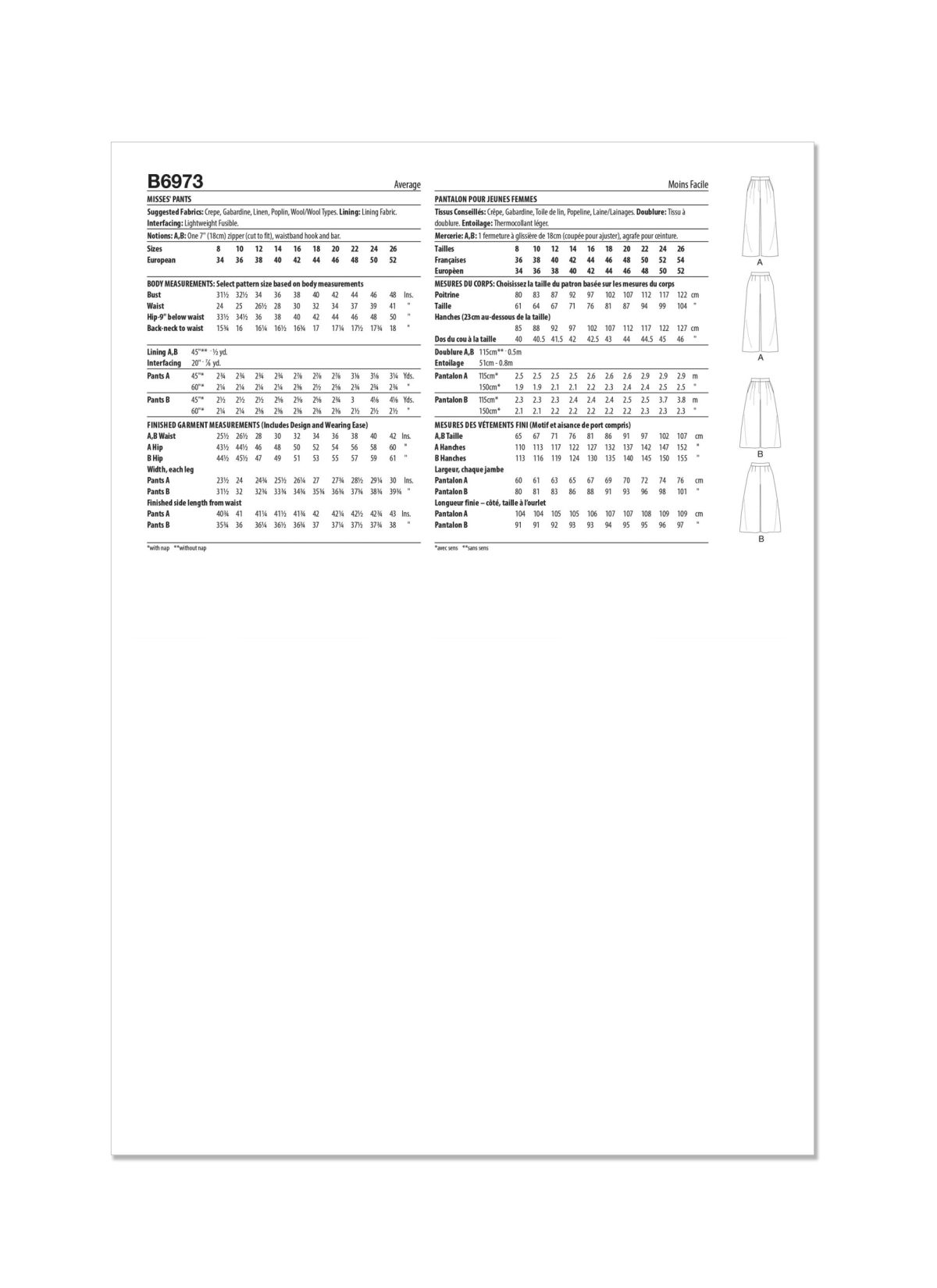 Butterick Sewing Pattern B6973 Misses' Trousers by Palmer/Pletsch