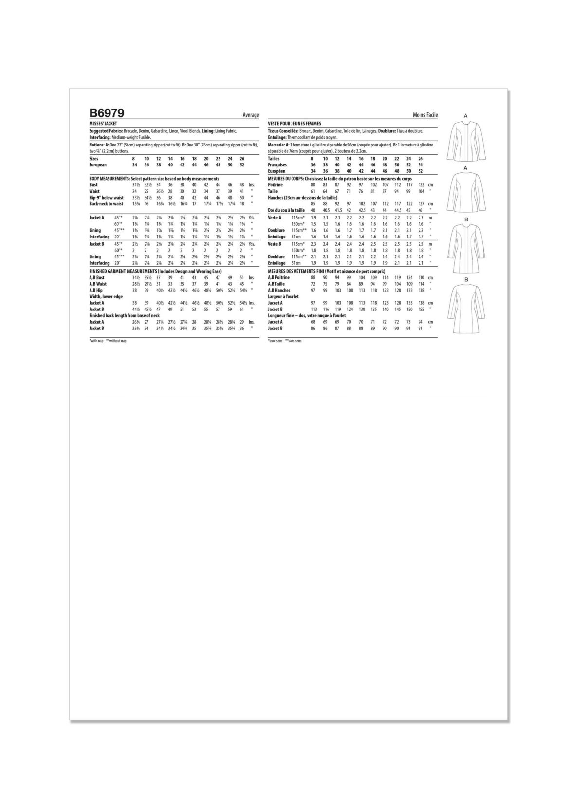 Butterick Sewing Pattern B6979 Misses' Jacket