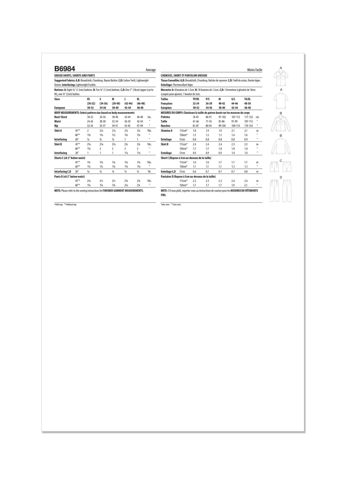 Butterick Sewing Pattern B6984 Unisex Shirts, Shorts and Trousers