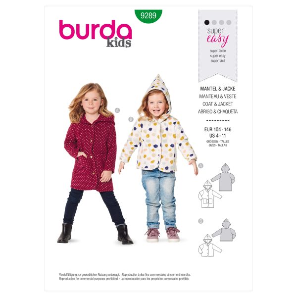 Burda Style Pattern 9289 Children's Coat or Jacket with Hood