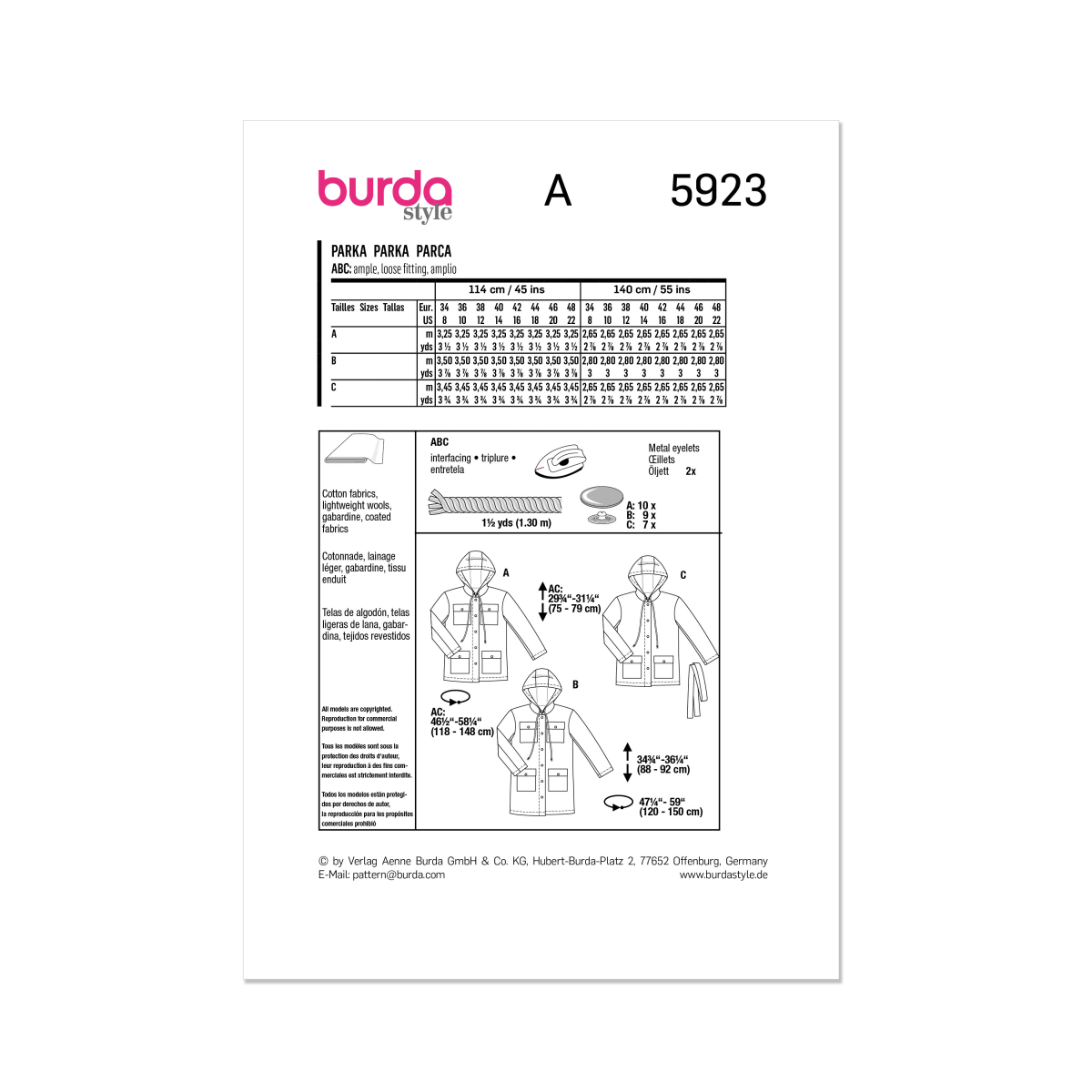 Burda Style Pattern 5923 Misses' Parka Jackets