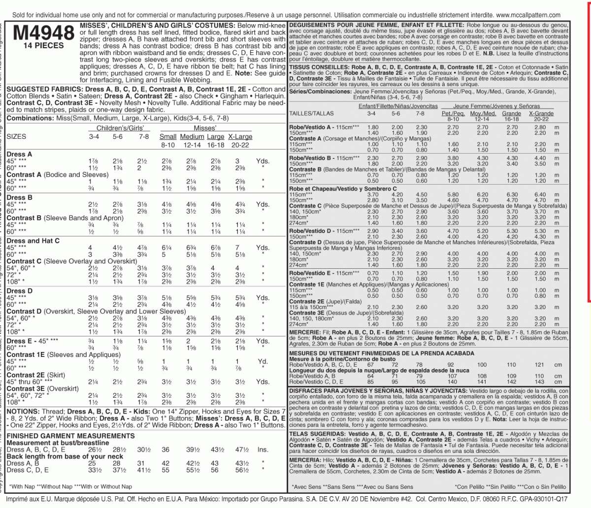 McCall's Sewing Pattern M4948 Misses'/Children's/Girls' Costumes