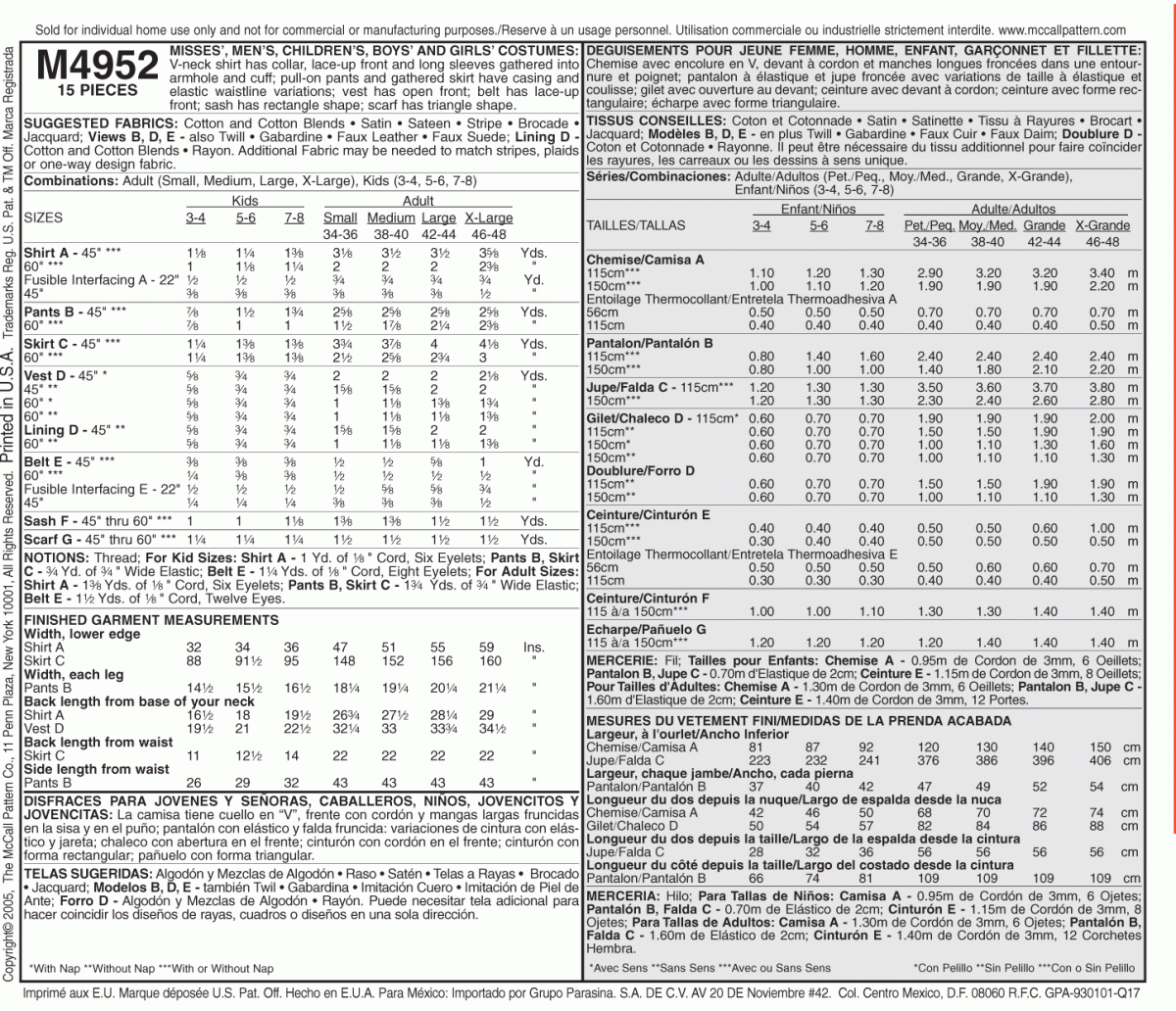 McCall's Sewing Pattern M4952 Misses'/Men's/Children's/Boys'/Girls' Costumes