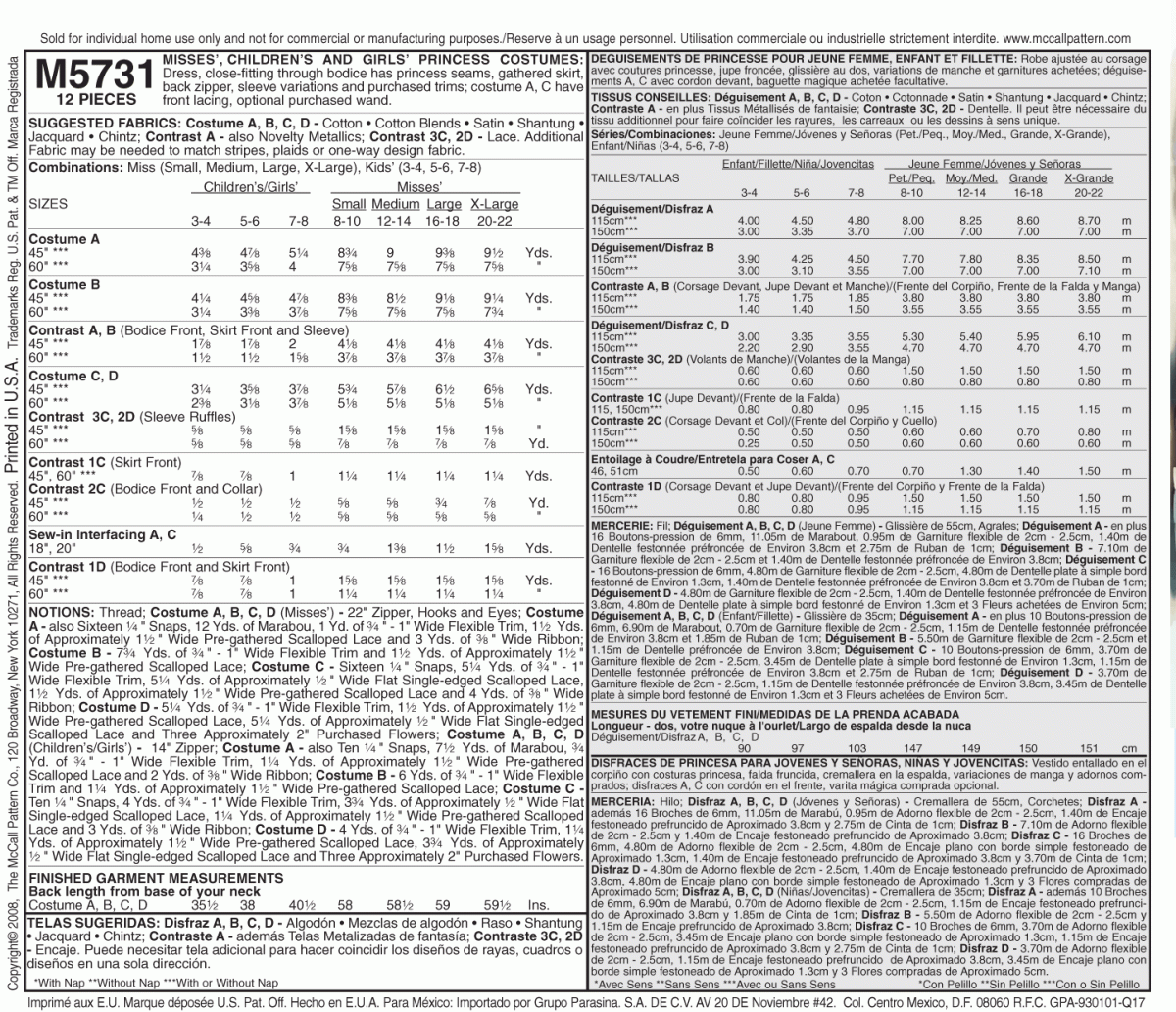 McCall's Sewing Pattern M5731 Misses'/Children's/Girls' Princess Costumes
