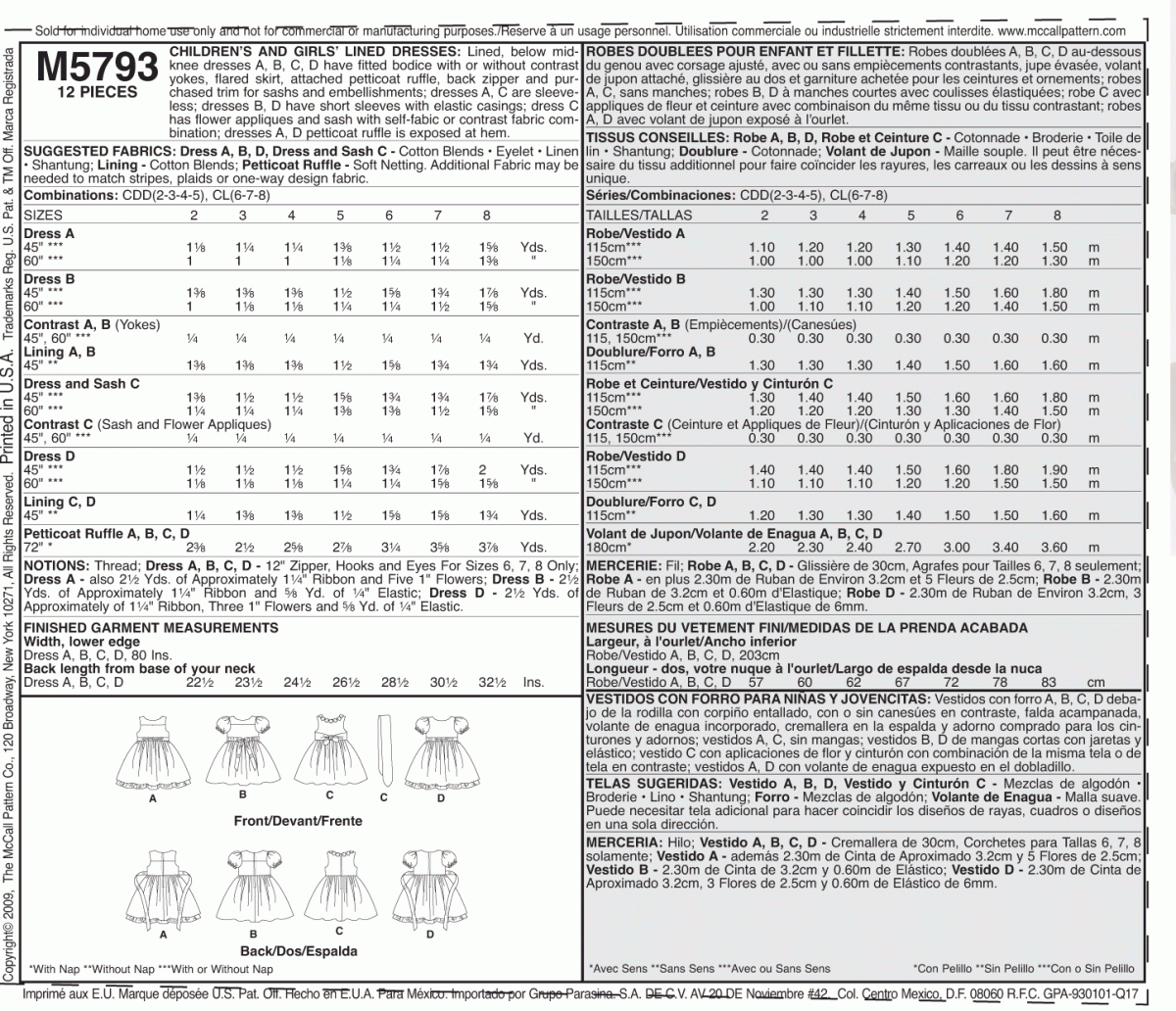 McCall's Sewing Pattern M5793 Children's/Girls' Lined Dresses