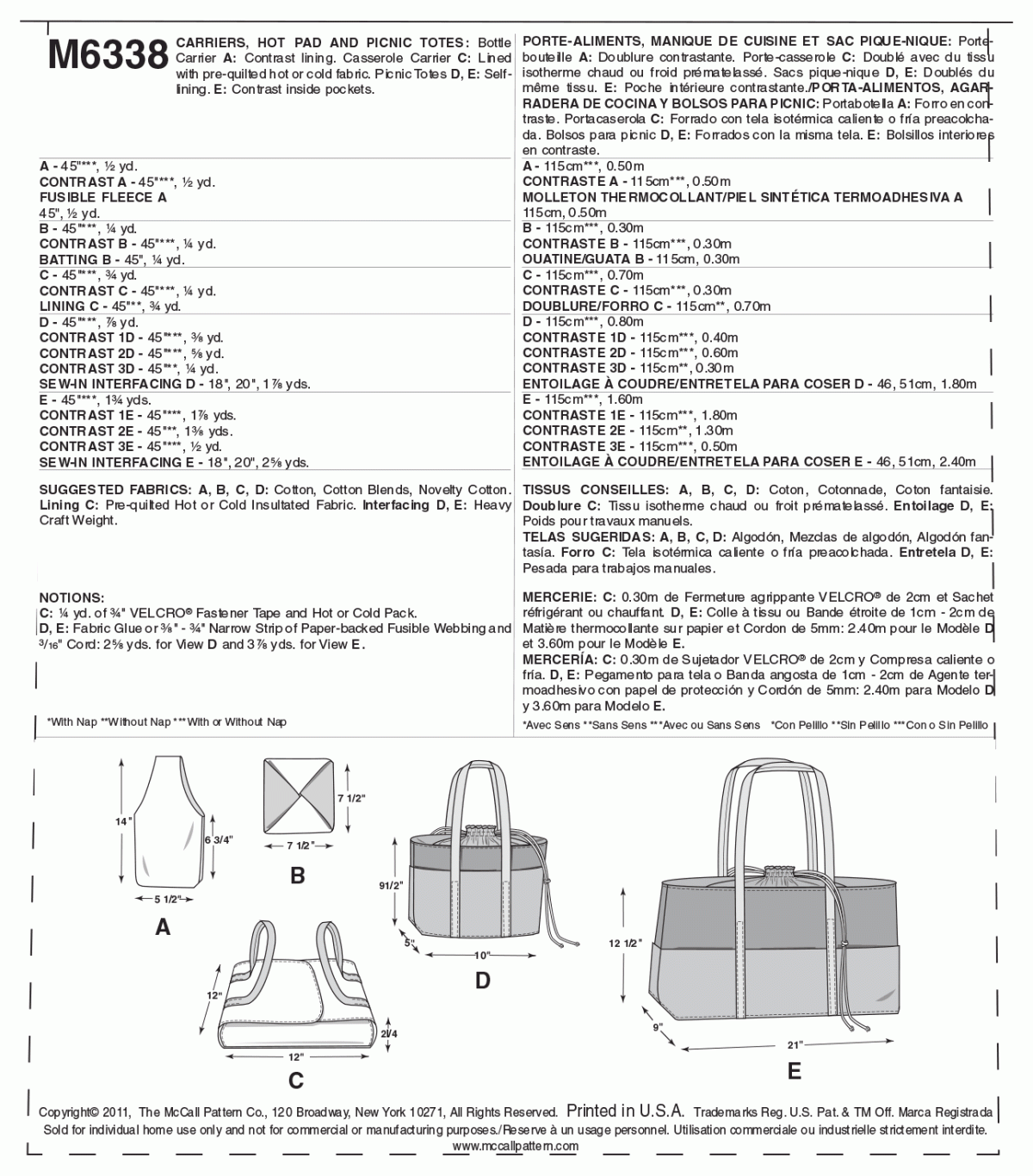 McCall's Sewing Pattern M6338 Carriers, Hot Pad and Picnic Totes