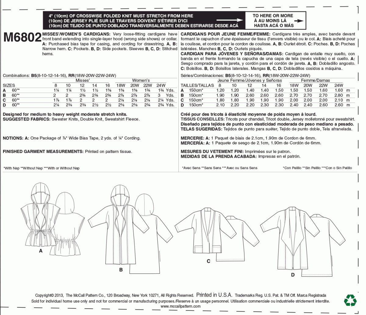 McCall's Sewing Pattern M6802 Misses'/Women's Cardigans