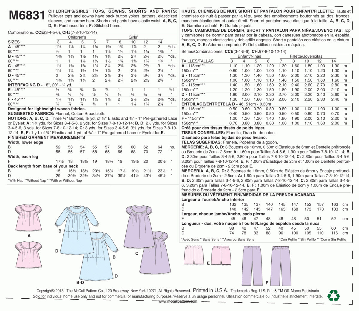 McCall's Sewing Pattern M6831 Children's/Girls' Tops, Gowns, Short and Pants