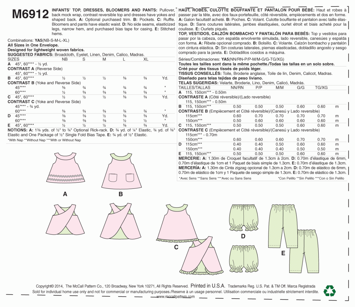 McCall's Sewing Pattern M6912 Infants' Reversible Top, Dresses; Bloomers and Pants