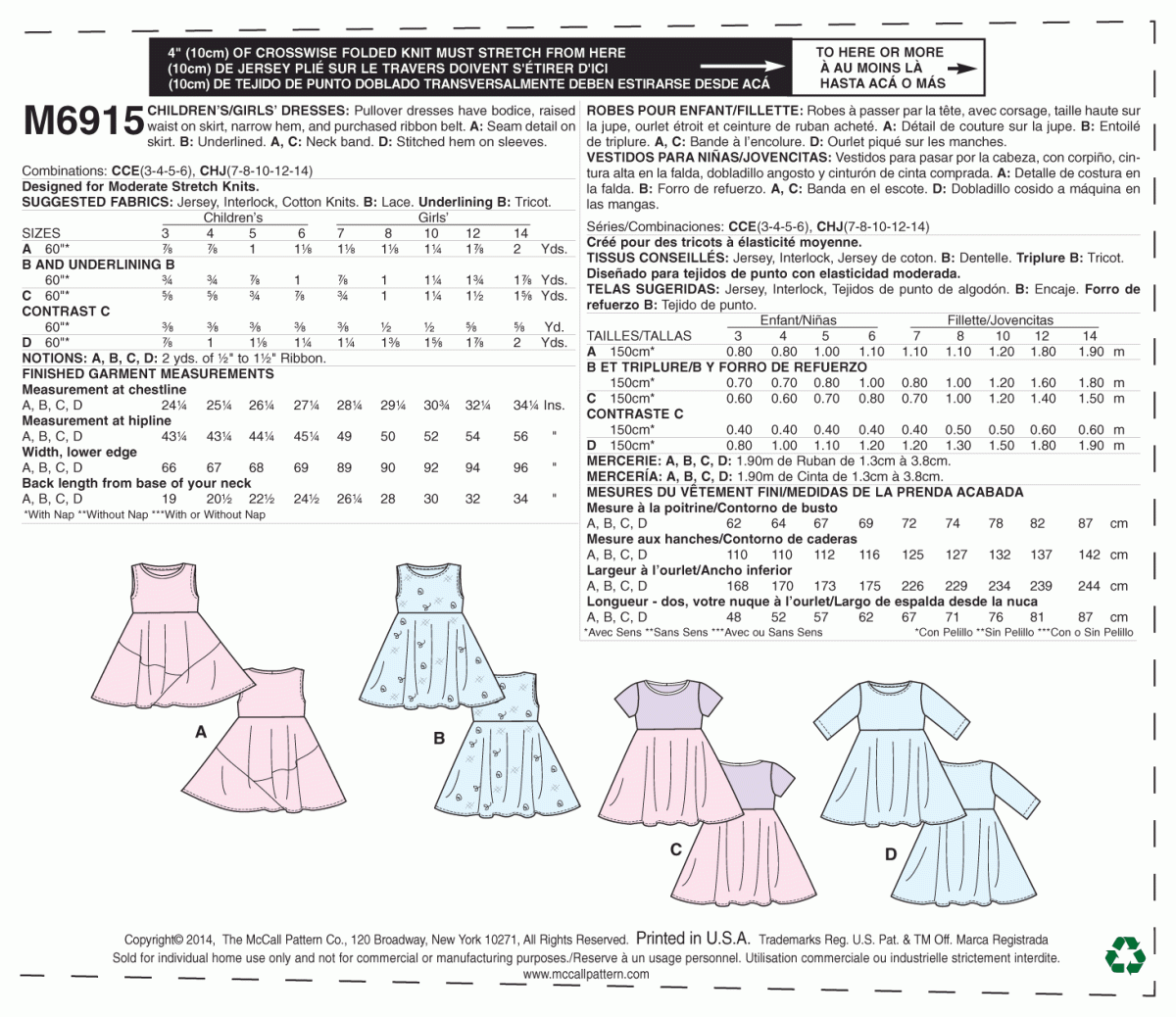 McCall's Sewing Pattern M6915 Chidren's/Girls' Dresses