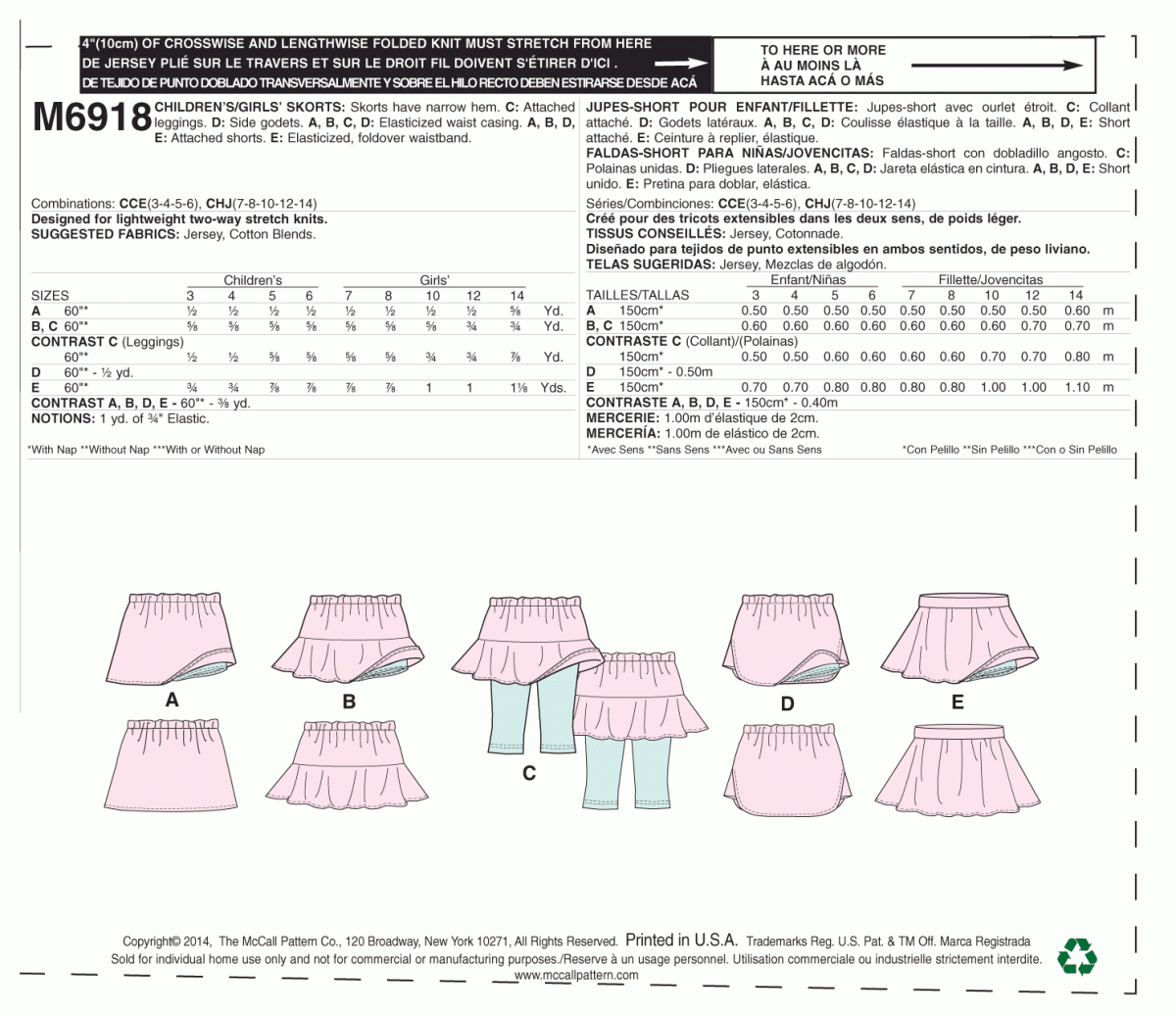 McCall's Sewing Pattern M6918 Children's/Girls' Skorts