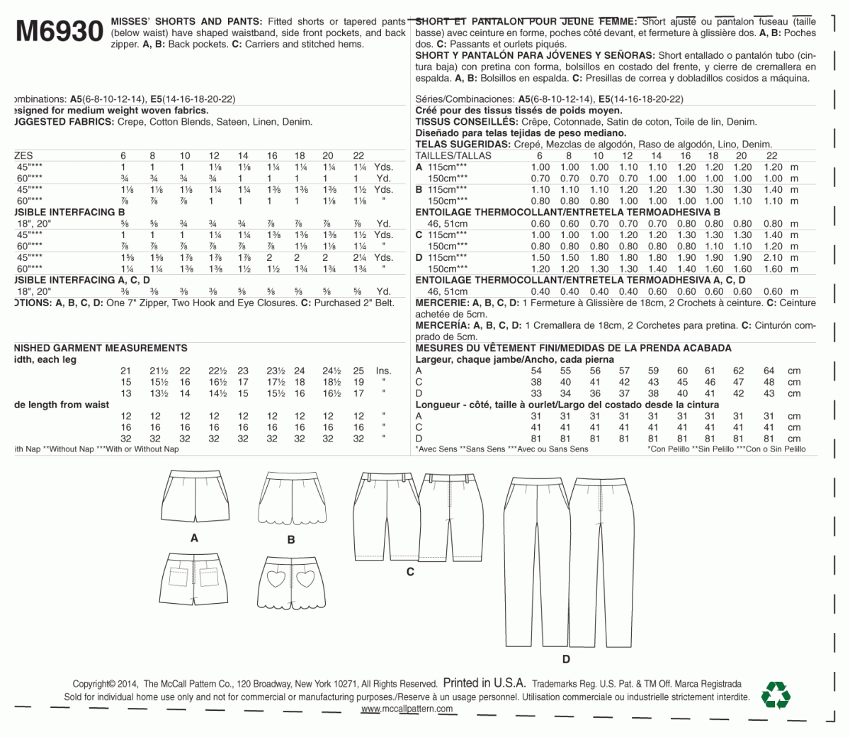 McCall's Sewing Pattern M6930 Misses' Shorts and Pants