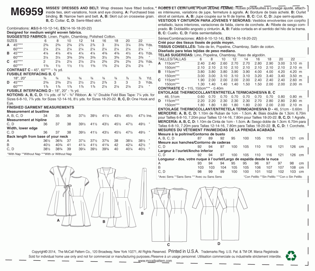 McCall's Sewing Pattern M6959 Misses' Dresses and Belt