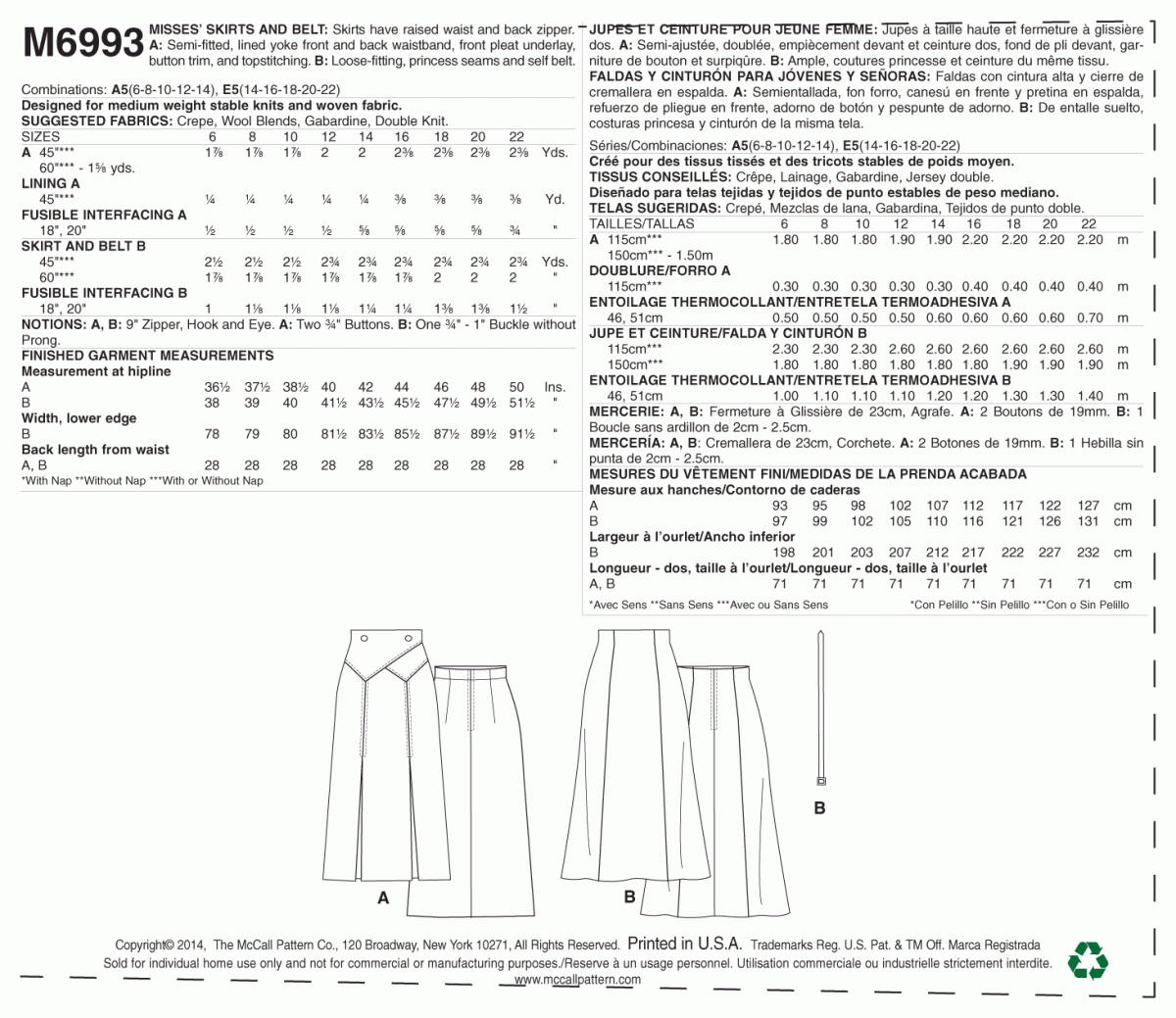 McCall's Sewing Pattern M6993 Misses' Skirts and Belt