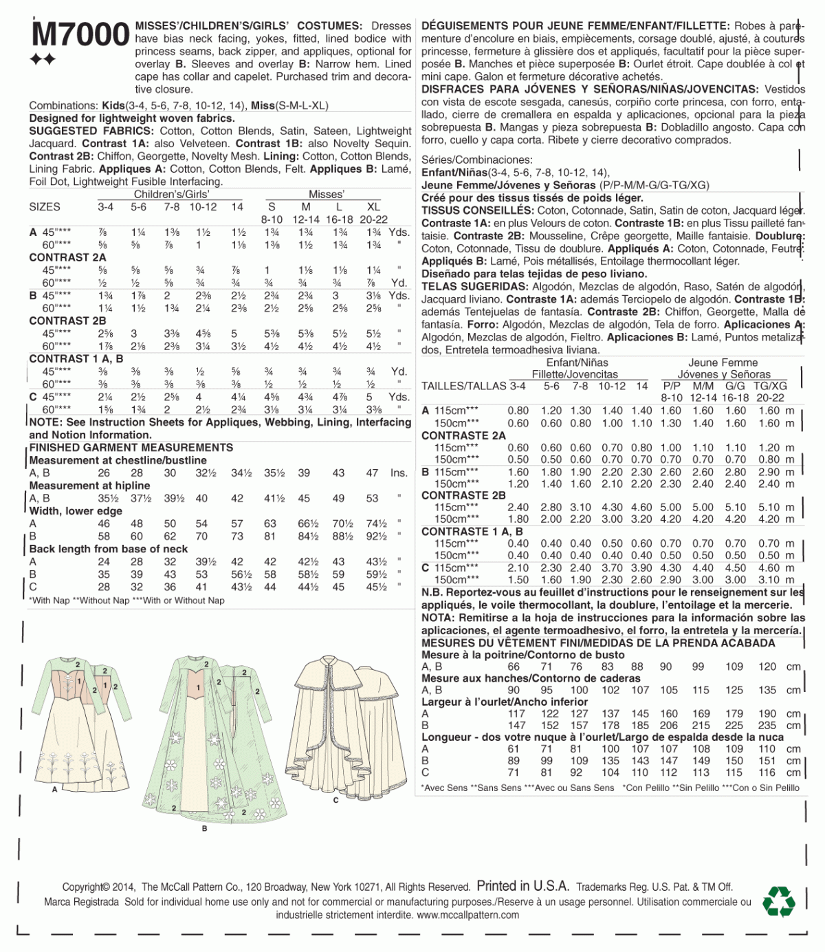 McCall's Sewing Pattern M7000 Misses'/Children's/Girls' Ice Princess Costumes.