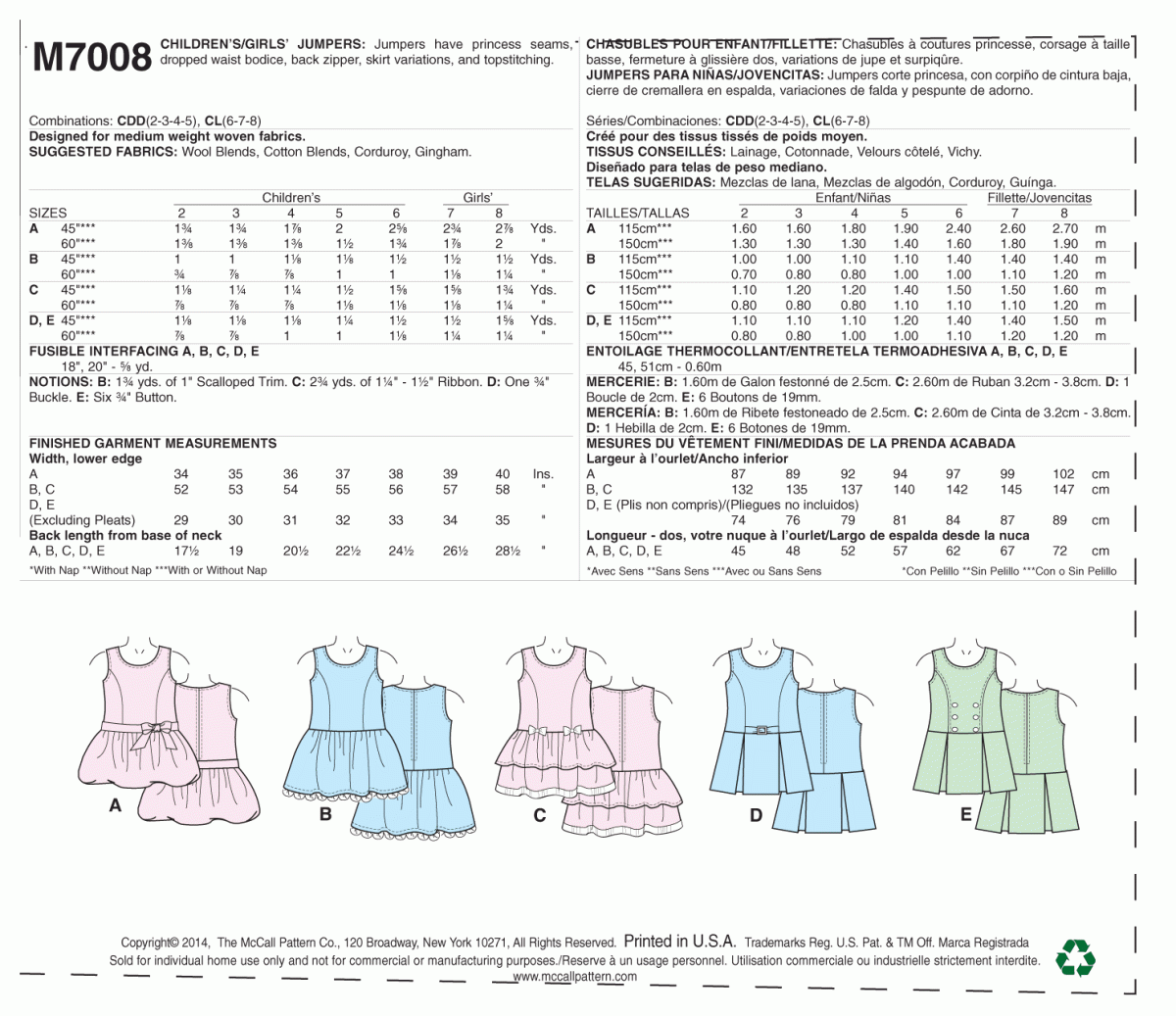 McCall's Sewing Pattern M7008 Children's/Girls' Jumpers