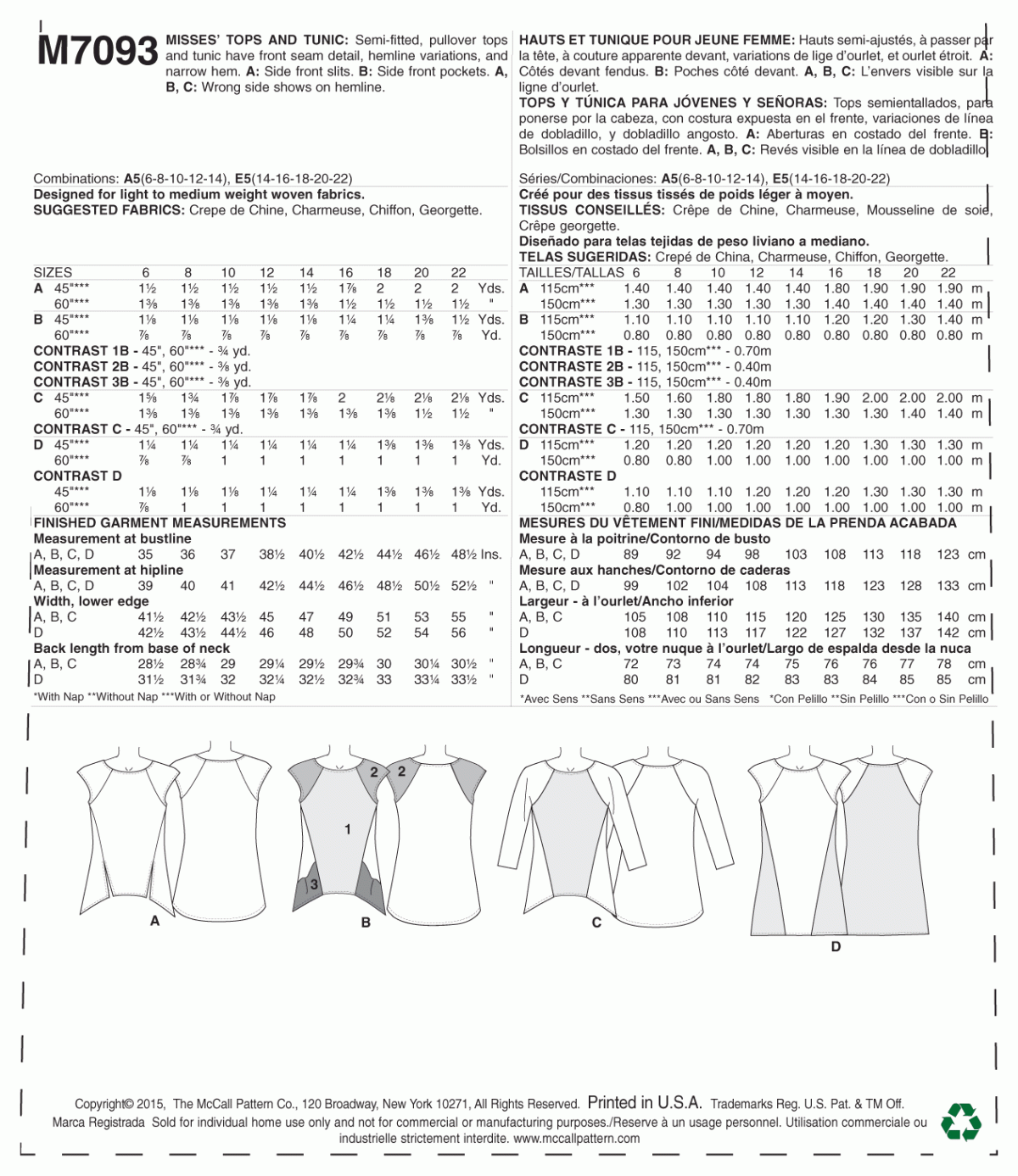 McCall's Sewing Pattern M7093 Misses' Tops and Tunic