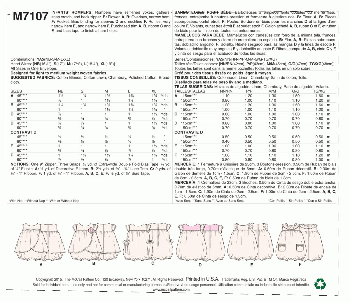 McCall's Sewing Pattern M7107 Infants' Rompers