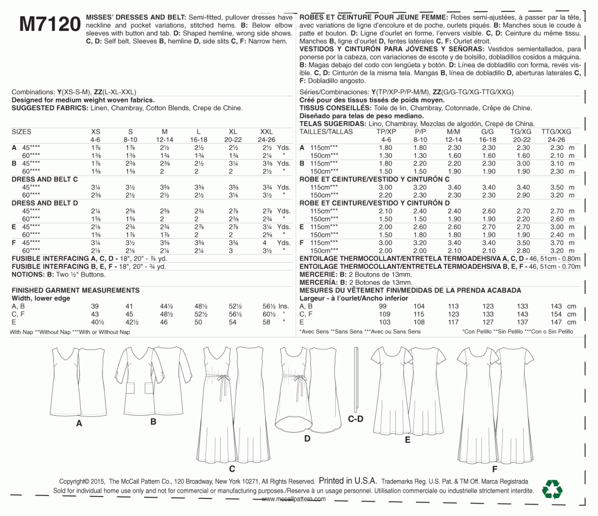McCall's Sewing Pattern M7120 Misses' Dresses and Belt