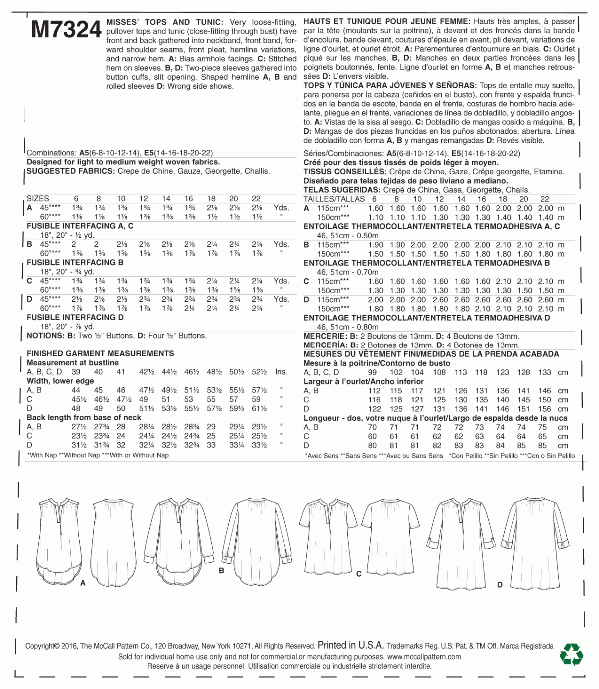 McCall's Sewing Pattern M7324 Misses' Half Placket Tops and Tunic