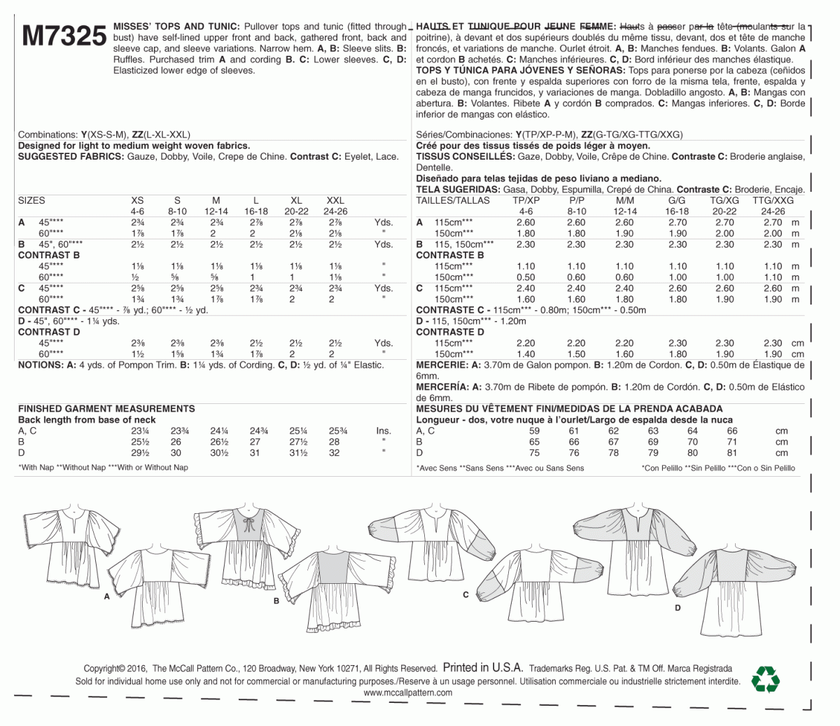 McCall's Sewing Pattern M7325 Misses' Gathered Tops and Tunic
