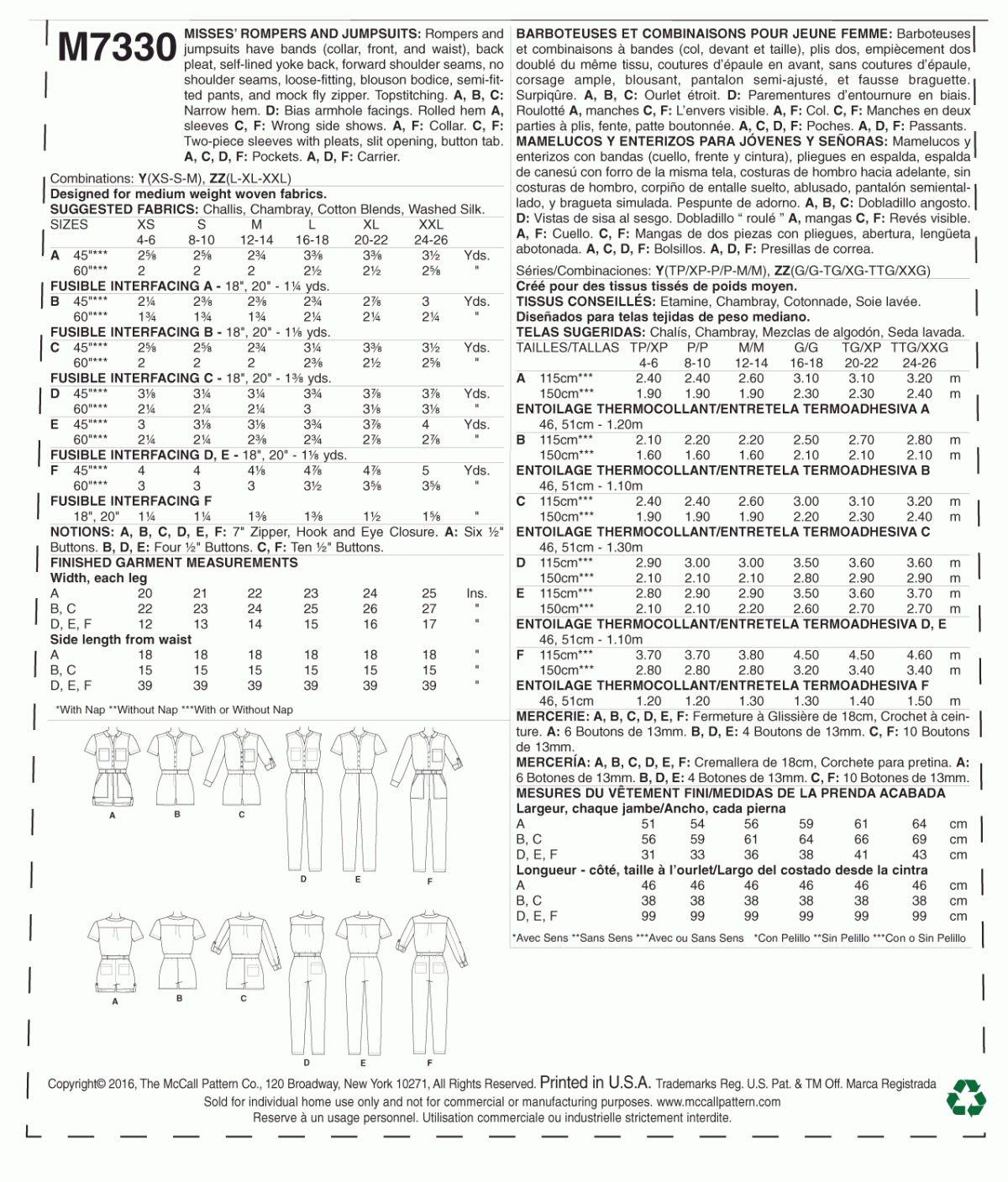McCall's Sewing Pattern M7330 Misses' Button-Up Rompers and Jumpsuits